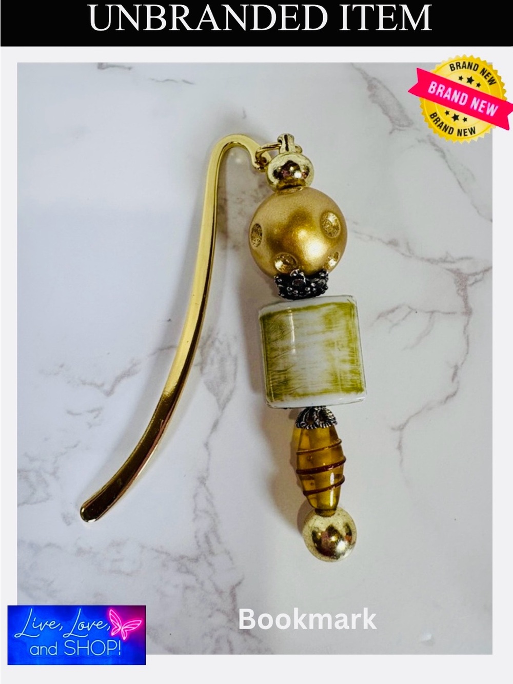 BOOKMARK: Gold and Olive Beaded Metal w/Simulated Aging, NWOT